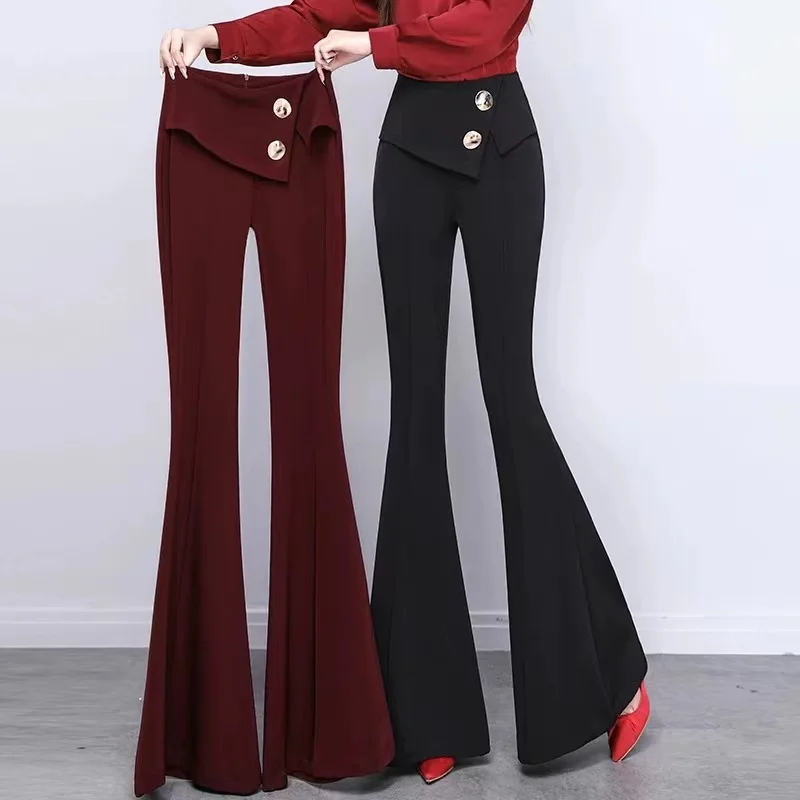 Pantalones acampanados grandes de cintura alta con botones para mujer, pantalones ajustados drapeados de color rojo vino, pantalones elegantes de