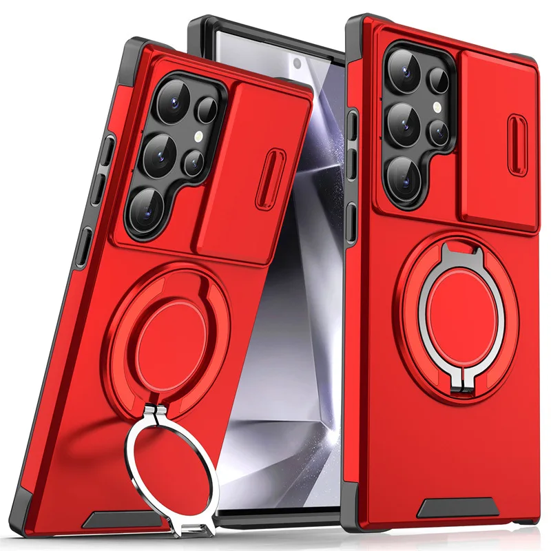 

For Samsung S25 Plus Ultra Armor Magnetic Bracket Phone Case Slide Camera Lens Protection Shockproof Back Cover