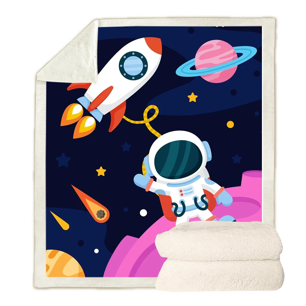 HX Kids Childrens Throw Blankets Cute Cartoon Rocket Astronaut 3D Double Layer Blanket Throw Keep Warm Quilt Dropshipping