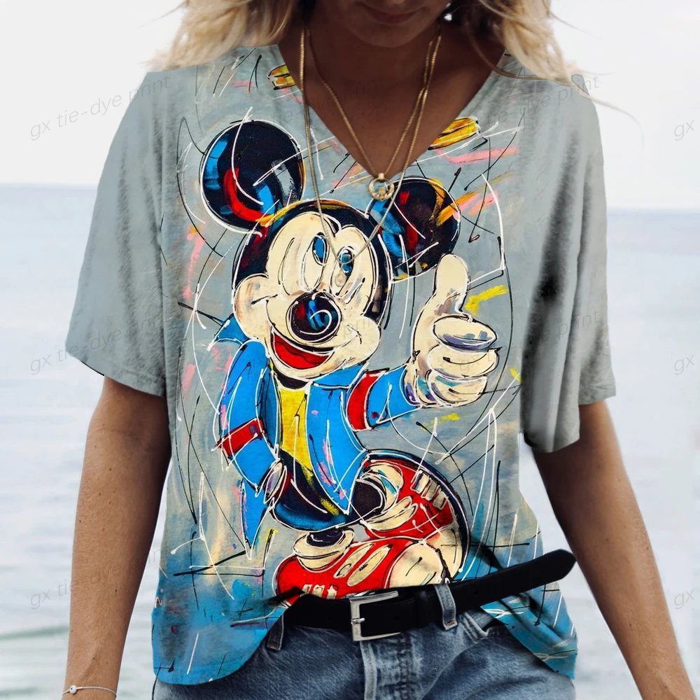 T-shirt da donna di moda Topolino Stampa Ragazze Estate Harajuku Abbigliamento casual allentato T-shirt a maniche corte con scollo a V Kawaii