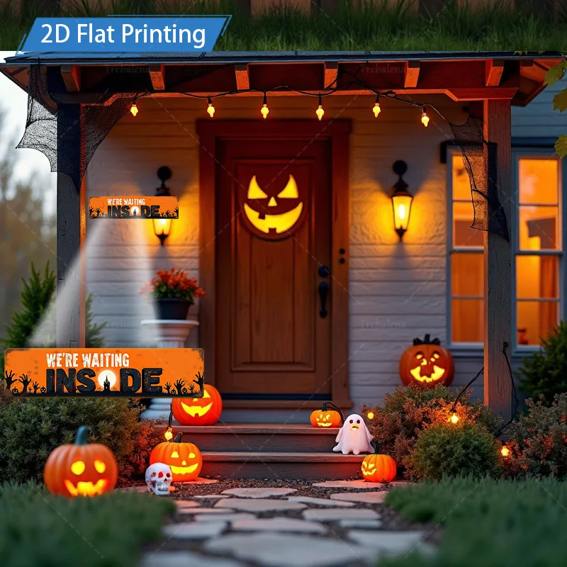 1 قطعة علامة معدنية ، 4x16 بوصة علامة معدنية مطبوعة مسطحة للهالوين: "نحن انتظار من الداخل" ديكور الخفافيش اليقطين المخيف