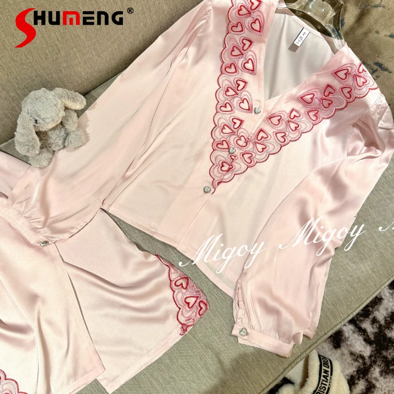 

Luxury Embroidered Lace Homewear Set for Women Ice Silk Long Sleeve Pajamas Suits Lady Spring Autumn Fashion Underwear