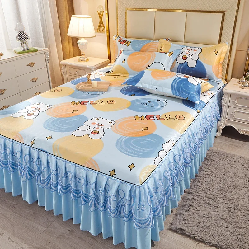 Cute Bear Ice Silk Bed Skirt Set Cartoon Circle Pattern Bedroom Bed Cover Letter Print Boys and Girls Home Dormitory Bedding