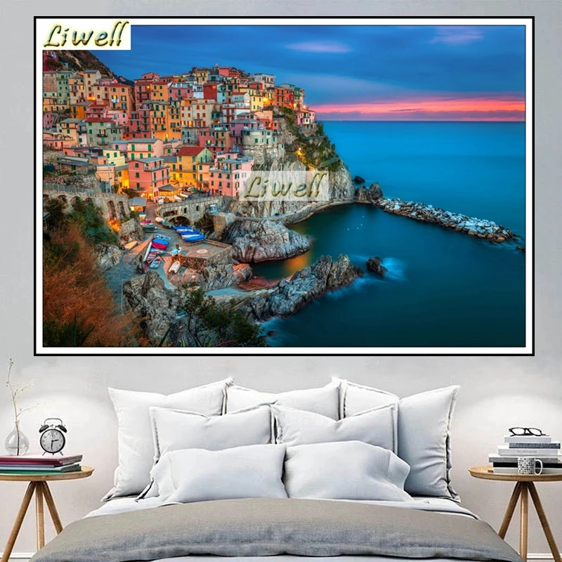 Italië Coast Stad Diamant Schilderij Manarola Cinque Terre Landschap Volledige Vierkante Borduren Kruissteek Hnadwork Gift Room Decor