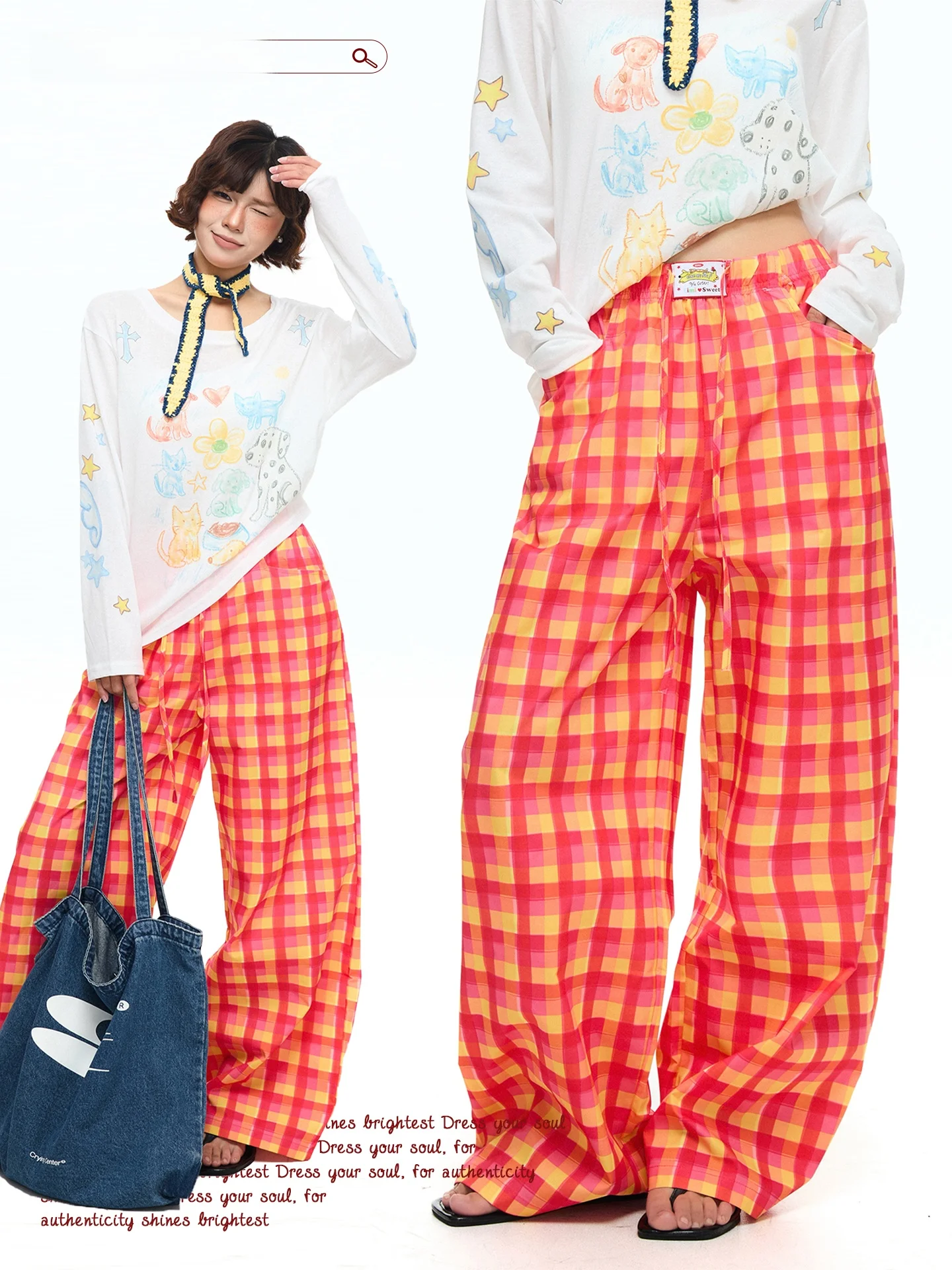 

Магазин Chen Zhanlao: Американские ретро-брюки в клетку с цветными вставками, широкие повседневные брюки с завязками, женские свободные прямые длинные брюки, универсальные.