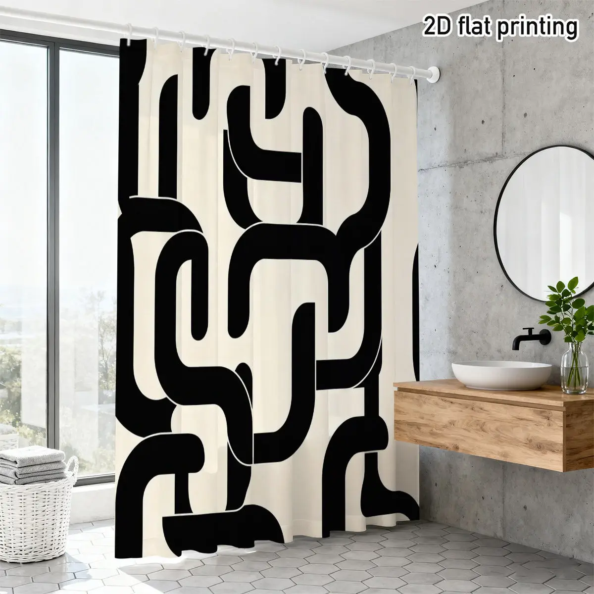 Abstract Interlocking Chain Shower Curtain Black White Minimalist Modern Bathroom Decor Original Graphic Design