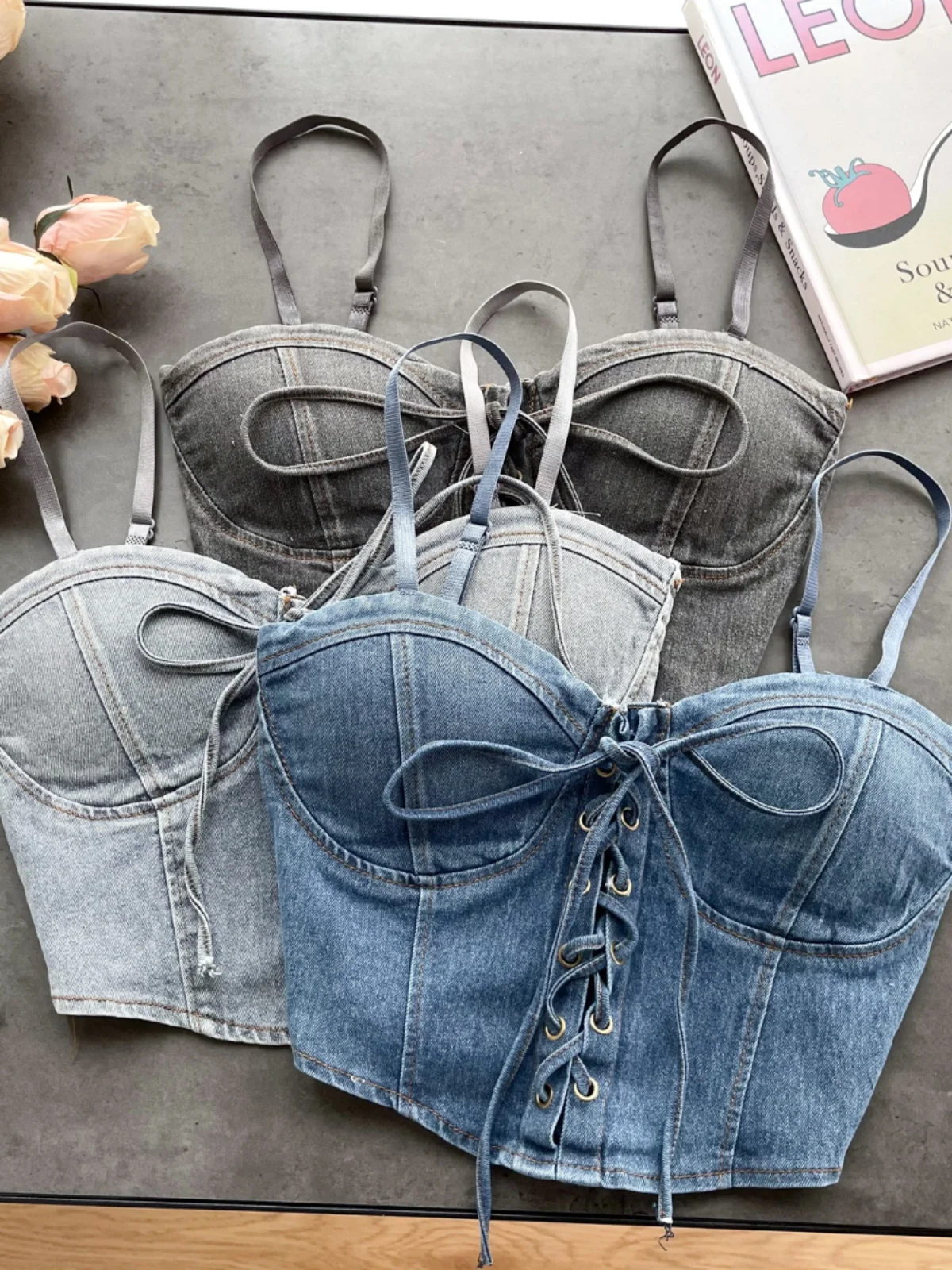 Top de Alças de Jeans Curto Sexy para Mulheres, Ajuste Slim, Estilo Casual de Verão, Sem Costas