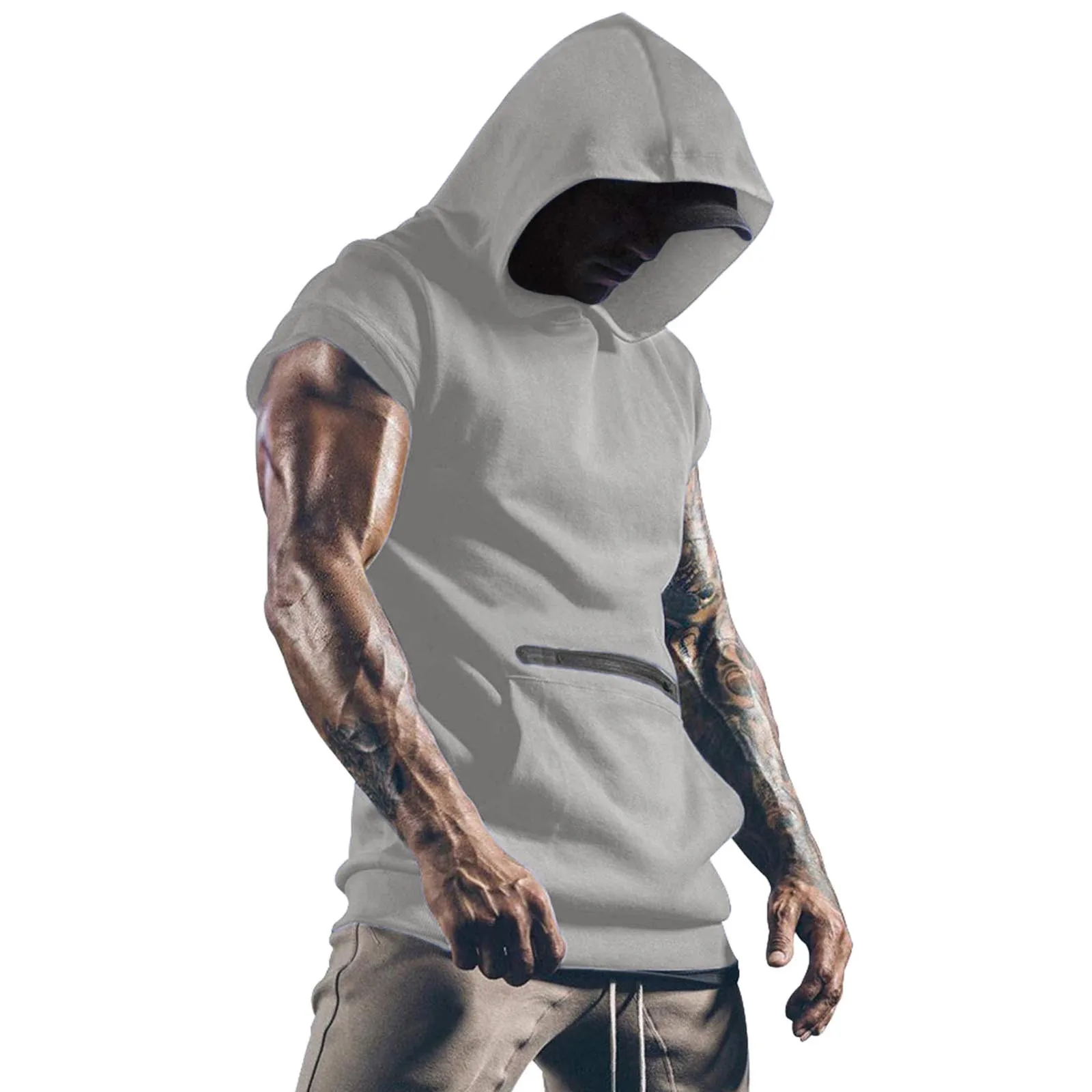 Summer Men Hooded Tank Top Solid Color Short Sleeve Vest Tops with Pocket O-neck Slim Fit Male Fitness Tank Vest Sports Tee Tops