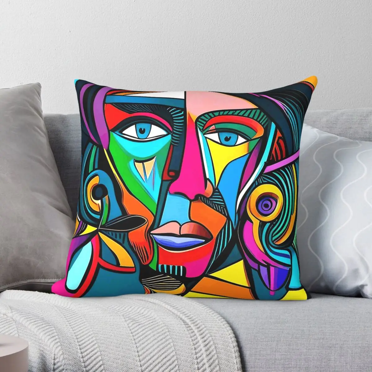 Funky Colorful Abstract Face Square Pillowcase Polyester Linen Velvet Printed Zip Decorative Room Cushion Cover 18