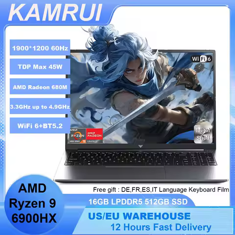 KAMRUI Gaming Laptop 16inch AMD Ryzen 9 6900HX 16GB LPDDR5 512GB M.2 NVMe PCIe3.0 SSD Radeon 680M Win11PRO WiFi6 Backlit KB Book
