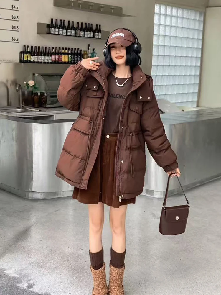 

Winter Thicken Hooded Mid Length Down Jacket Women White Duck Down Loose Parker Outwears Female Warm Drawstring Zipper Jackets