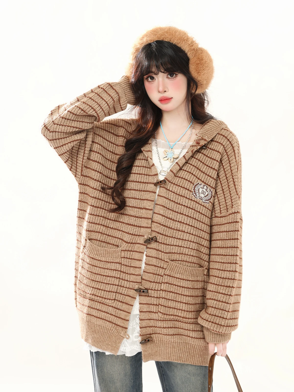 

ENJOG American Retro Striped Rabbit Ear Knitted Open Cardigan Women's Autumn Casual Sle Sweater Coat Loose Fit Long Sve