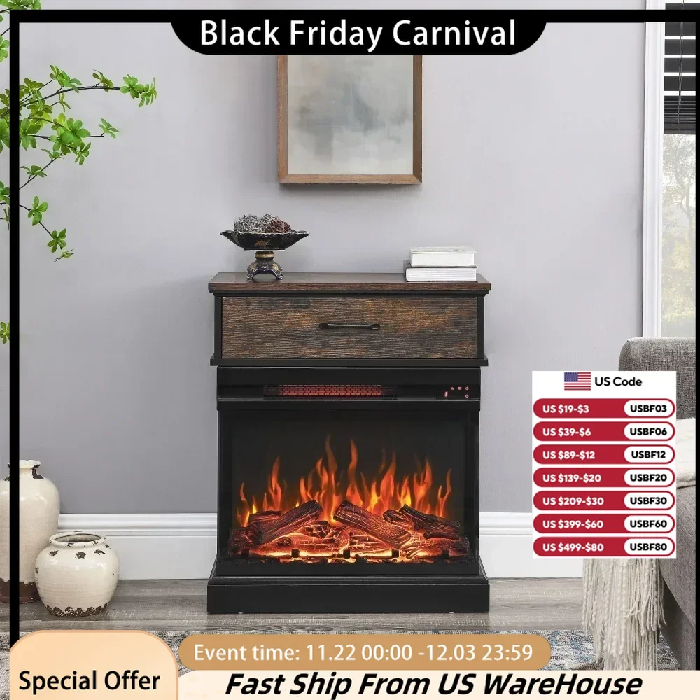 Electric Fireplace with 3-Sided Glass,End Table/Nightstand, Remote Control, Digital Display,1500W Heater, Electric Fireplace