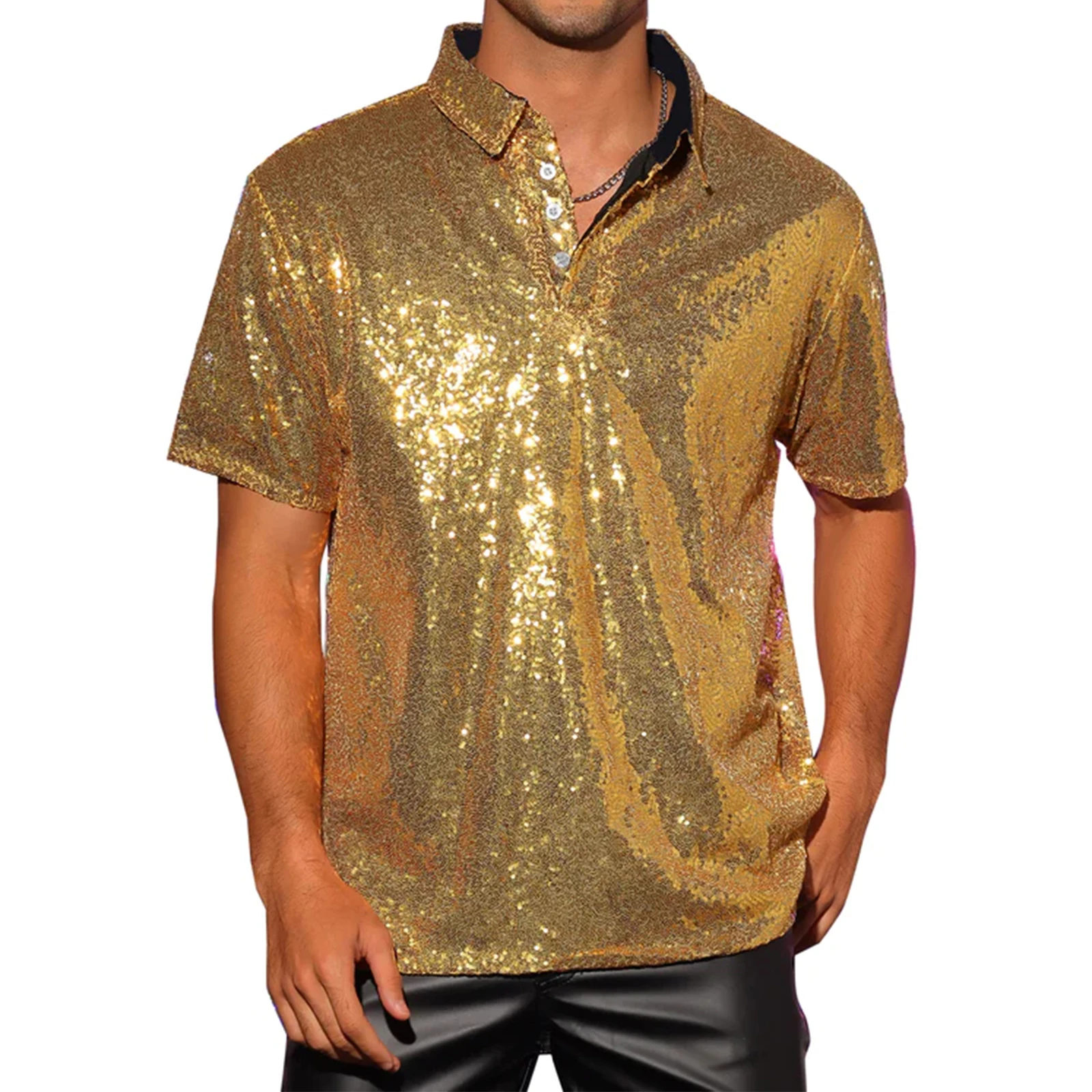 Men Sparkle Sequins Shirt Vintage Summer 1/4 Button Short Sleeve Tops 70s Carnival Man T-Shirt for Party