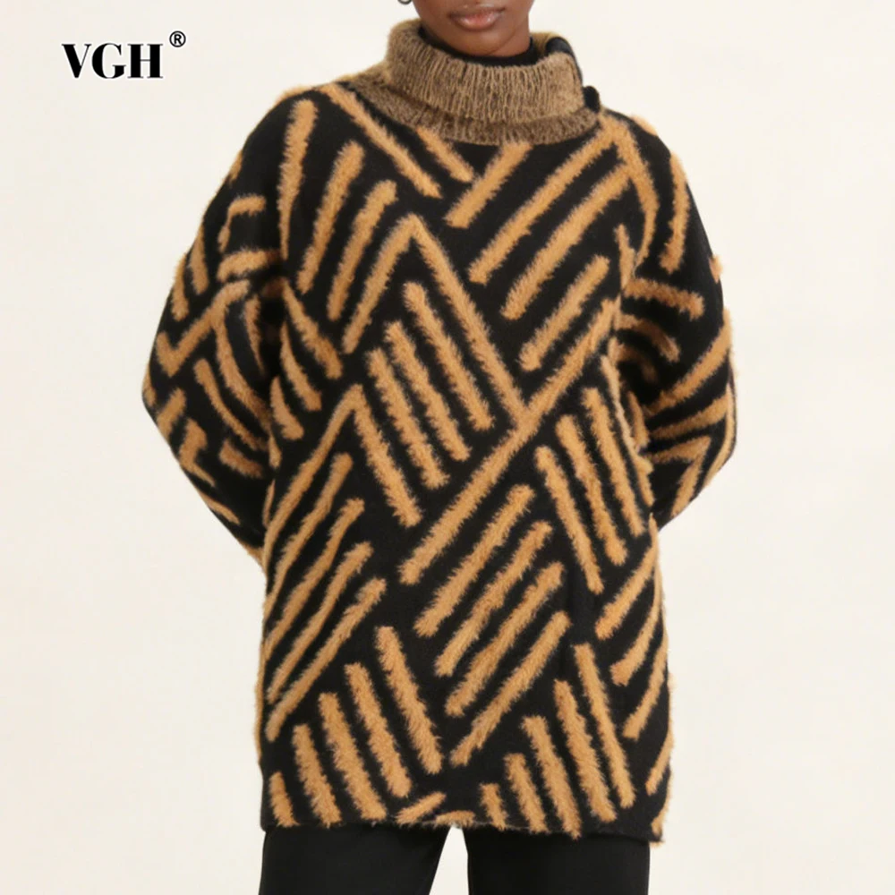 

VGH Temperament Loose Printing Knitted Sweaters For Women Round Neck Long Sleeve Autumn Casual Confortable Sweater Female New