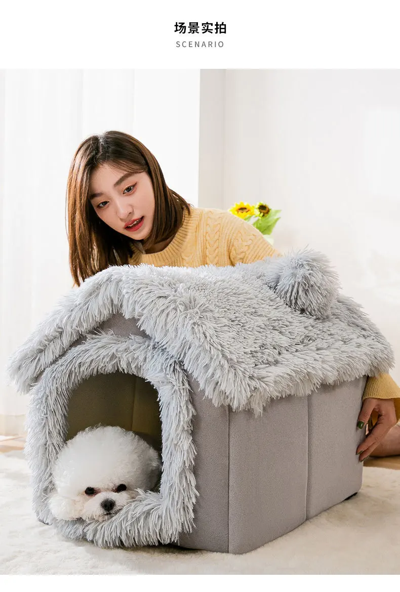 Mittlere Hundehütte für den Innenbereich, weich, bequem, Welpenhaus, abnehmbares kleines Hundebett, Höhle, Winter, warme Haustier-Schlafmatte, tragbar – Detail 2