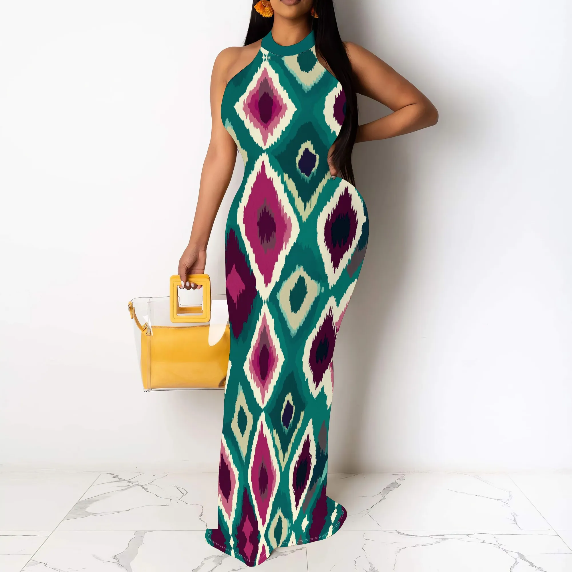 

Sleeveless Bodycon Maxi Dress Teal Purple Geometric Ikat Print Trendy Tribal Style Holiday Outfit