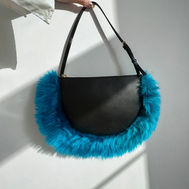 

Fashion Fur Underarm Purses and Handbags Casual Versatile Plush Designer Bags Luxury Contrast Peacock Blue