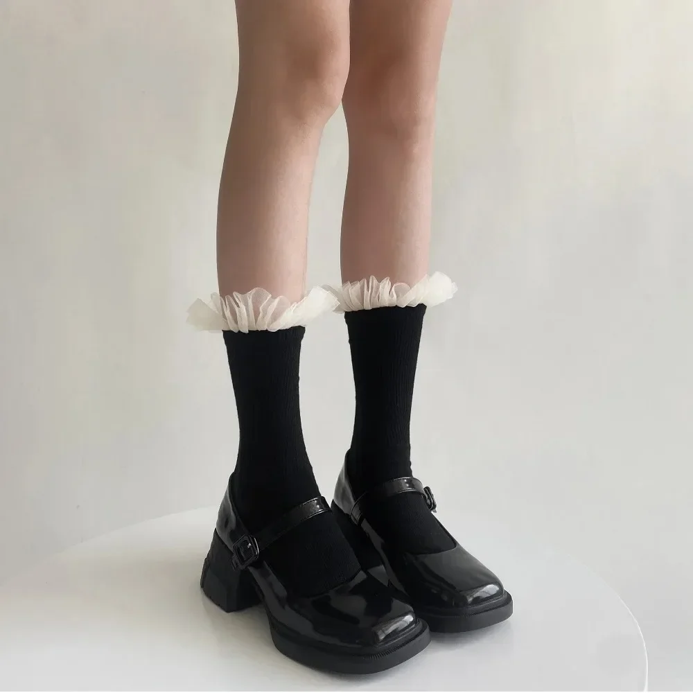 Spitzenarbeit Kawaii Süße Prinzessinnen-Socken für Frauen, Niedliche Mädchen-Rüschensocken, JK Lolita Japanischer Stil Lange Socken, Einfarbig Milchweiß