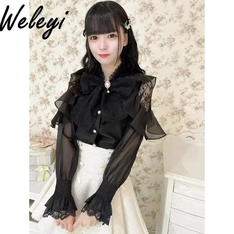 French Retro Lolita Shirts Korean Fashion Ropa De Mujer 2024 Autumn New Stand Up Collar Ruffle Edge Printed Poleras Big Bow Tops