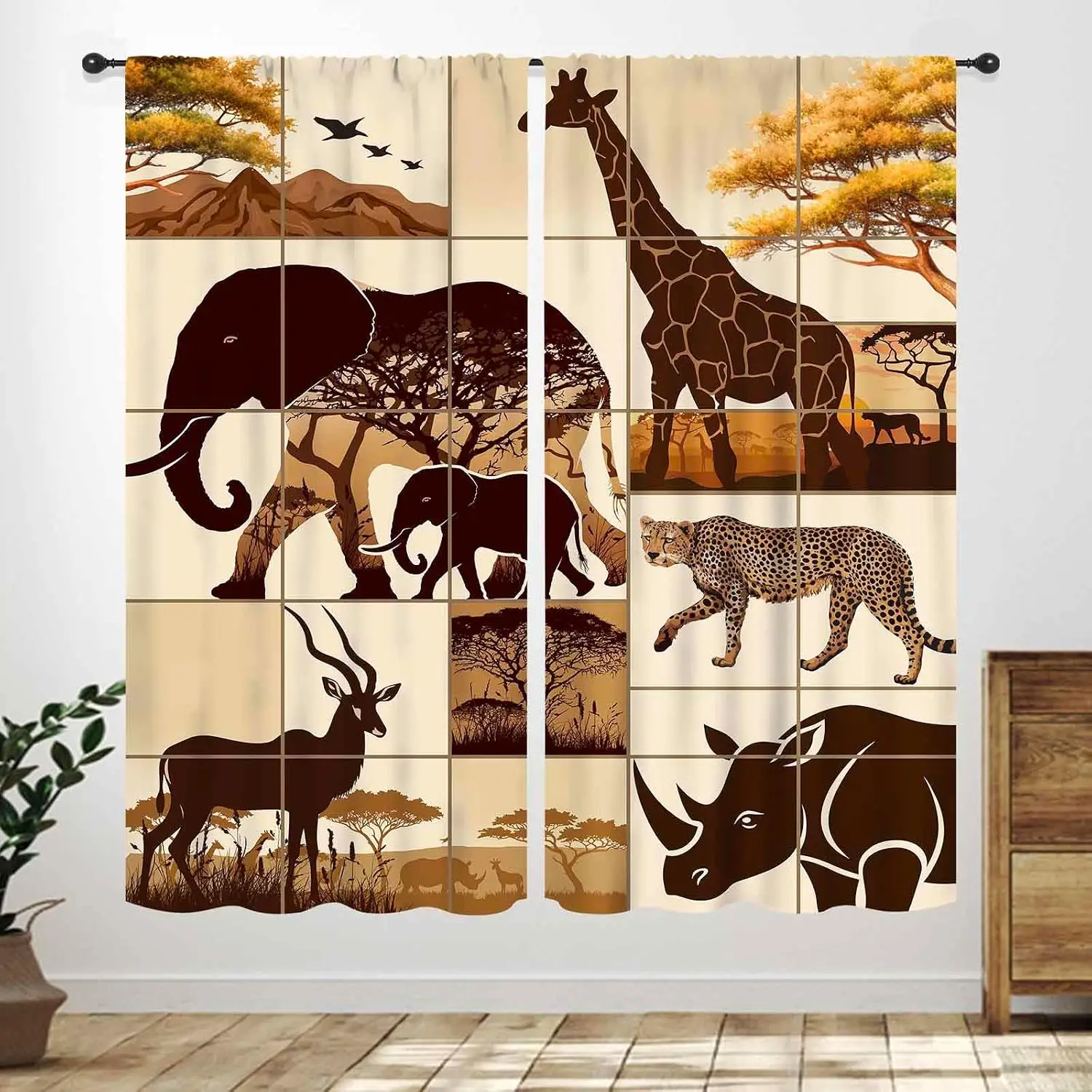 Vintage Safari Wildlife Silhouette Grid Print Blackout Rod Pocket Curtain Warm Earth Zen Luxury Homestay Bedroom Rest Window
