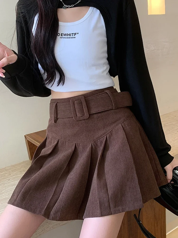 JMPRS Sexy Corduroy Pleated Mini Skirt with Belt Retro High Waist Hot Girl A-line Skirt Women Fall Chic Y2k Black Faldas Mujer