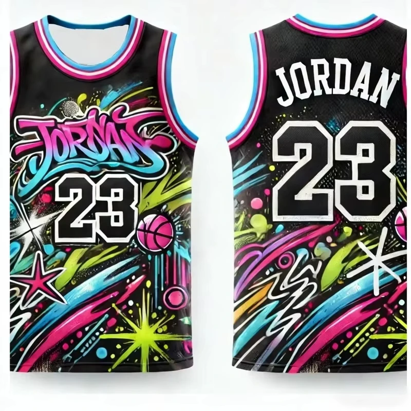 Nouveautés 2026 : Maillot de basketball Jordan style graffiti hip-hop pour hommes et femmes, débardeur de basketball spécial fans, t-shirts pour la famille et les enfants