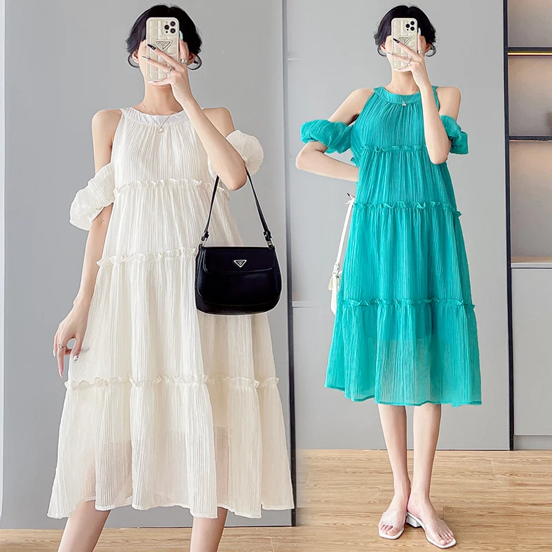 

2024 Summer Maternity Midi Dress Shoulderless Bowknot Halter Collar Pregnant Women's Pleated Party Dress Maternity Clothes Cute