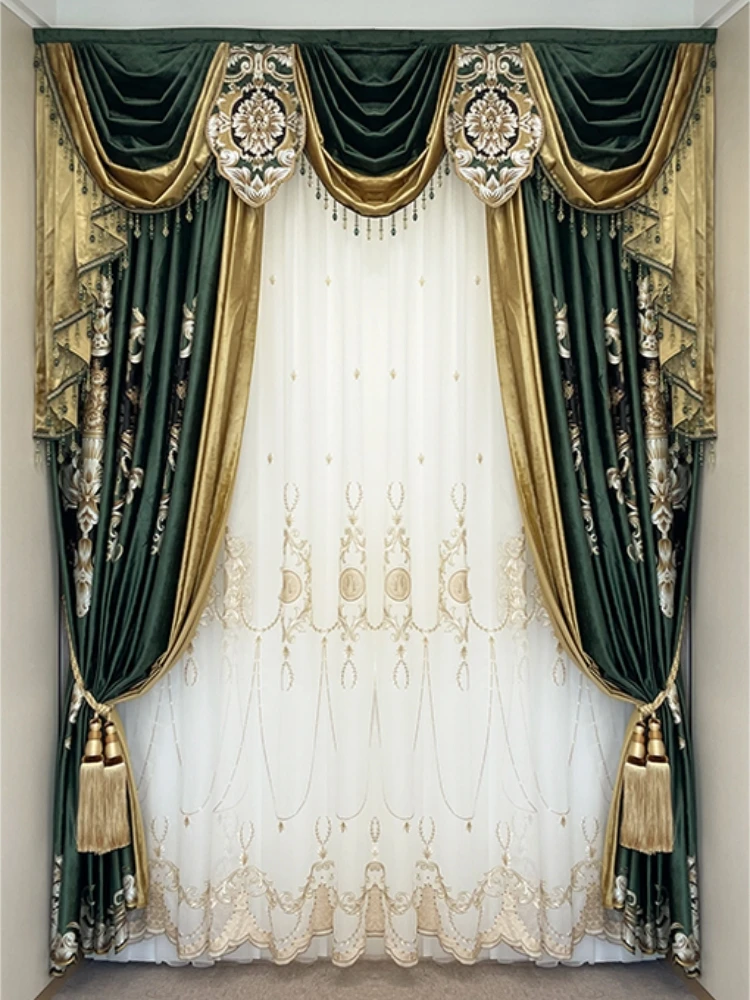 

Custom Classic American retro dark green living room bedroom shading velvet cloth valance blackout curtain tulle drape C2004