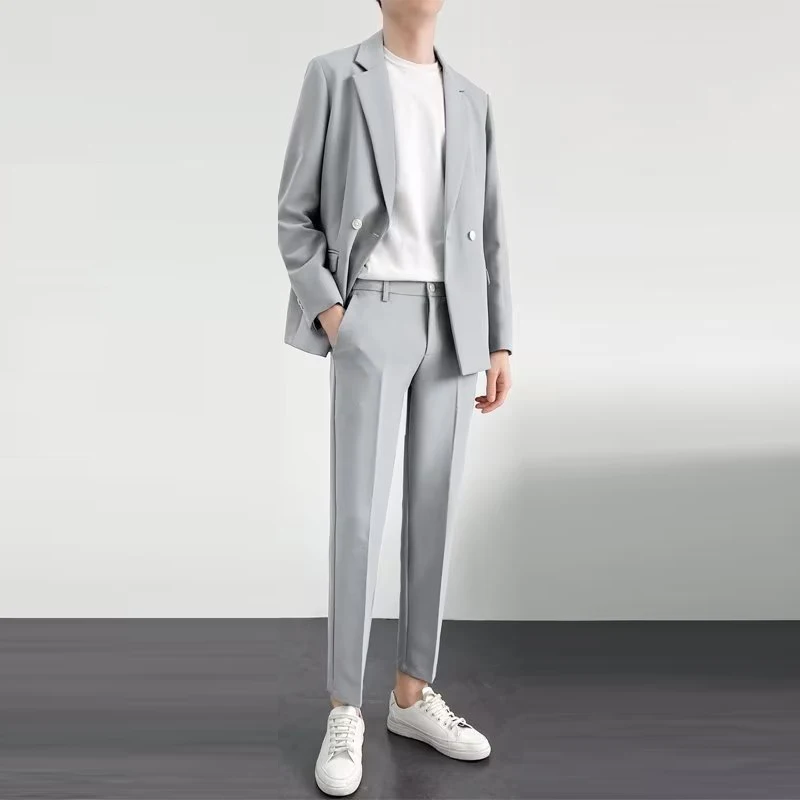 KIDWHXR Man 2-piece Suit Set Korean Style Turn Down Collar Blazer Male Straight-leg Pant Men Simple Business Casual Outfit
