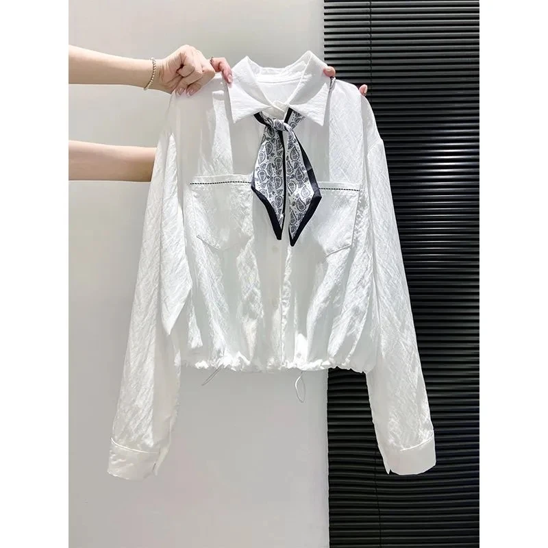 

Шелковый шарф Long Sve irt Женский модный облегающий топ с застежкой на талии или длинным воротником