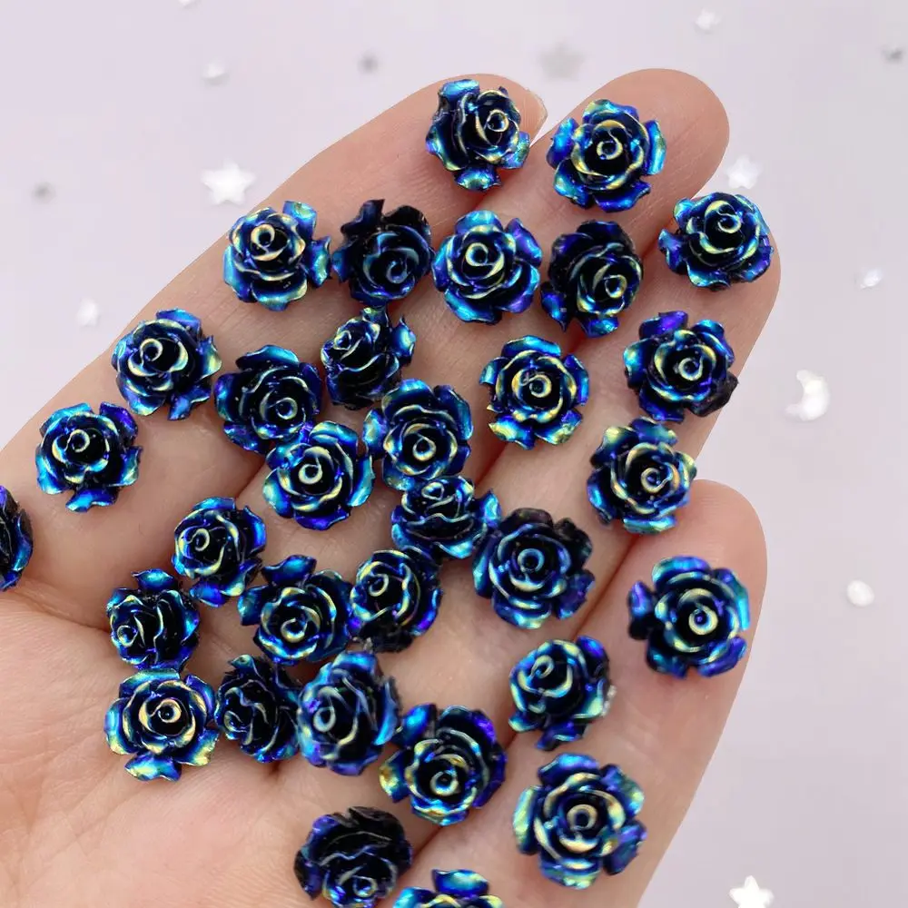 50Pcs 10mm AB Resin Glitter  Rose Flatback Flower Rhinestone Gem Scrapbook Wedding Ornament Applique Crafts DIY Nail Art SL614