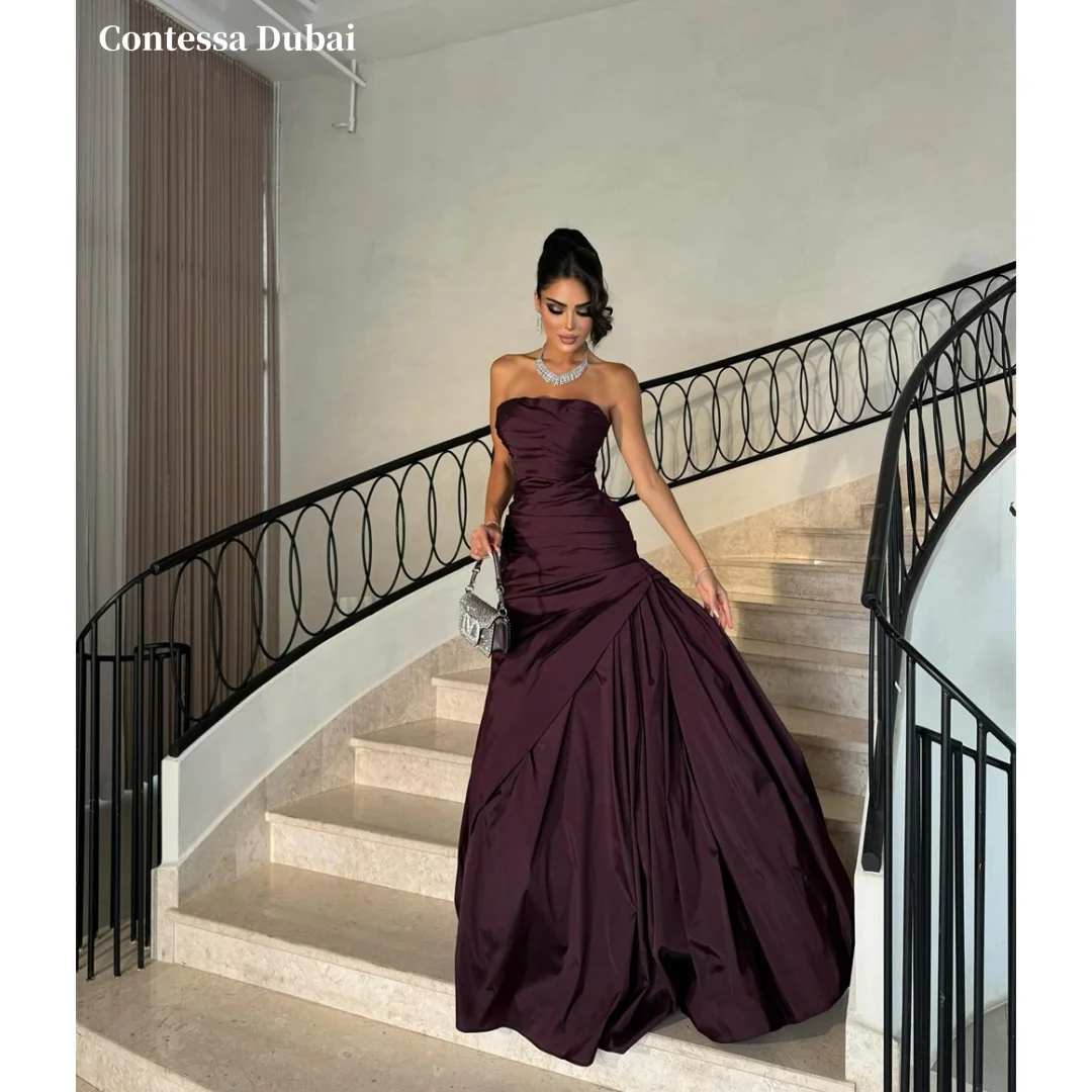 Contessa Custom Burgundy Strapless Prom Dresses Waist Cinching Multilayer Pleats Vestidos De Noche Floor Length Formal Evening