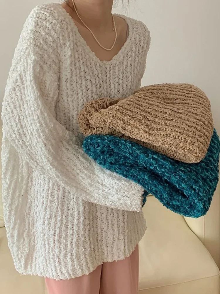 

Korean V Neck Lazy Wind Sweaters Women Long Sleeve Loose Design Knitted Jumper Vintage Casual Simple Solid Female Fall Sweet Top
