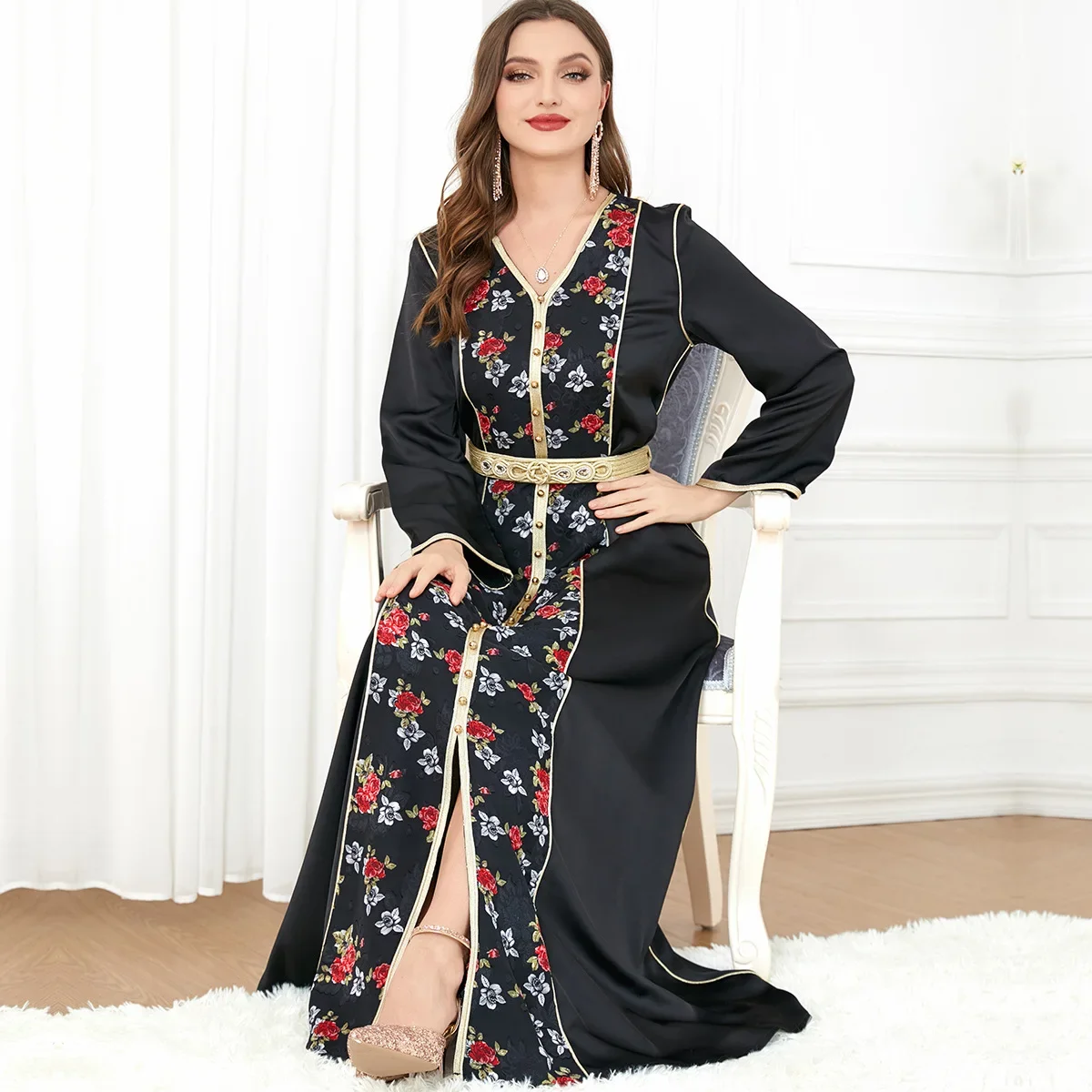 

Women Dress V-neck Party Dubai Abaya Elegant Muslim Abaya Turkey Islam Long Evening Dresses Arabia Musulmane Elegant Vestidos