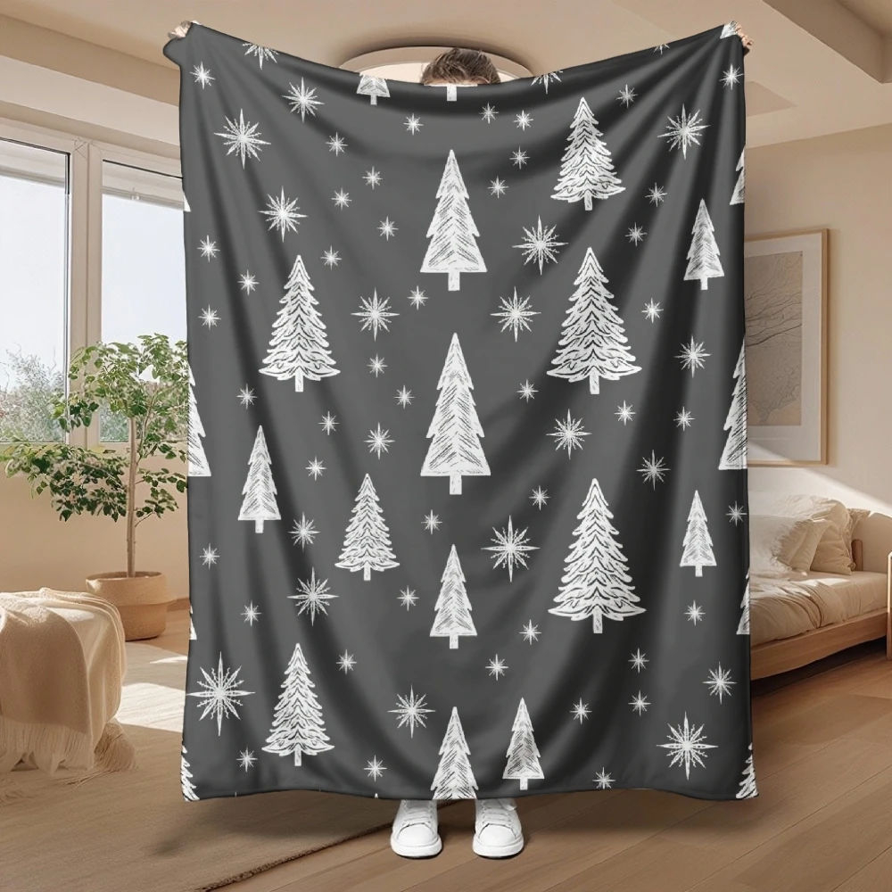 1pc White Christmas Tree & Star Printed Throw Blanket, Soft Cozy Warm Blanket, Home Decor for Sofa, Living Room, Bedroom