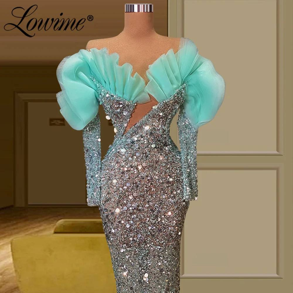 Lowime contas azul mangas compridas vestido de noite sereia vestidos de festa árabe corte-para fora design formal vestidos de baile para celebridade concurso