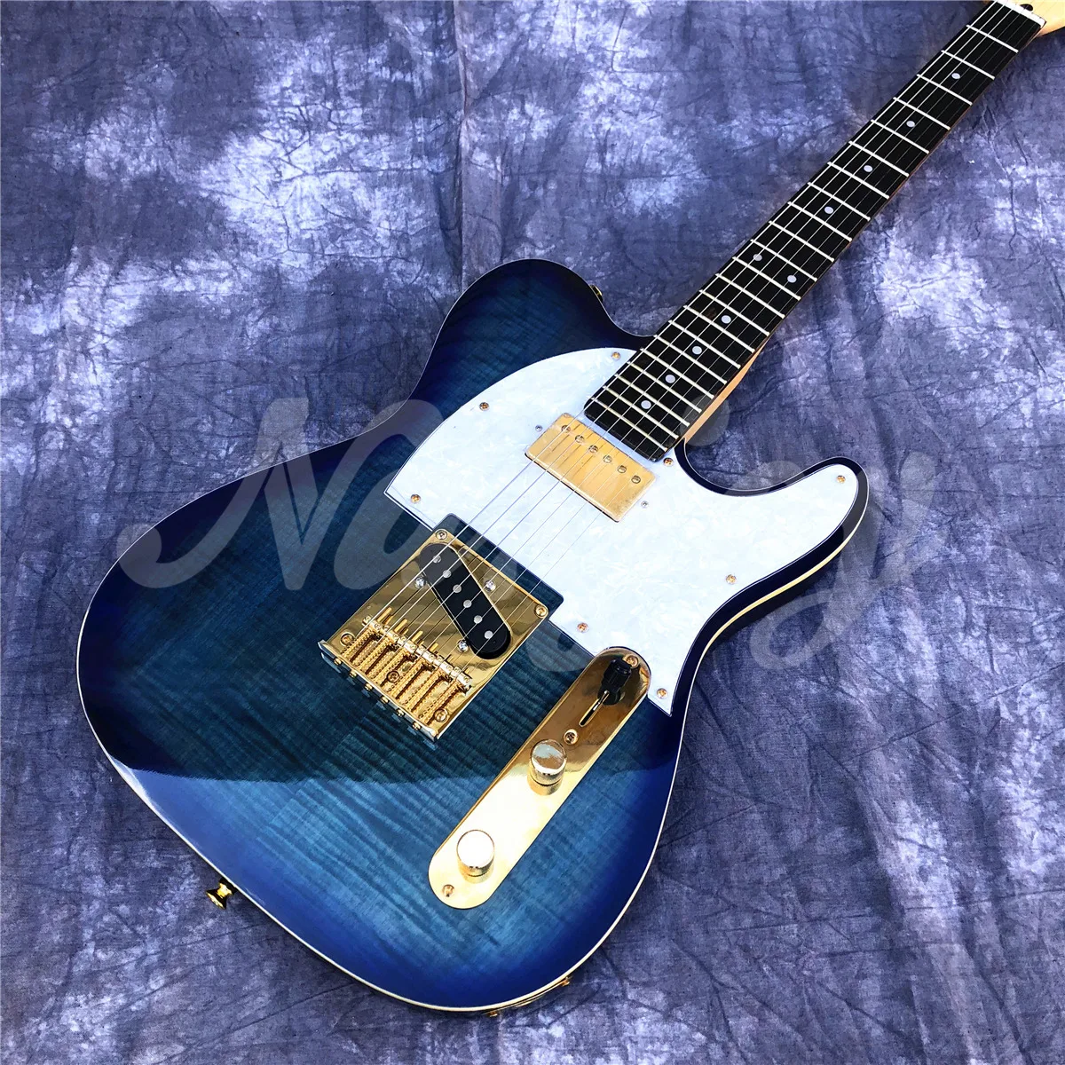 Factory Blue Flame Maple Top TL Electric Guitar,High Quality Gold Hardwares 6 Strings Solid Wood Guitarra