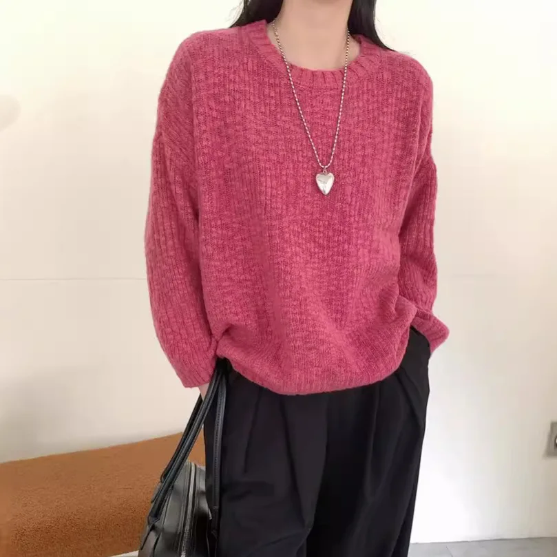 Special Big Belly Yarn 100% Wool Pullover Wool Sweater Women's Winter Thickened Flower Dot Round Neck Pullover Loose Top