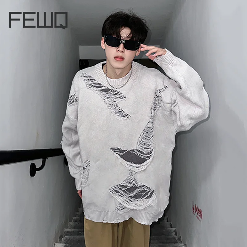 

FEWQ Korean Style Men's Sweaters Irregular Hole Round Collar Knitting Solid Color Autumn Male Clothing New Menswear 2024 24E2605