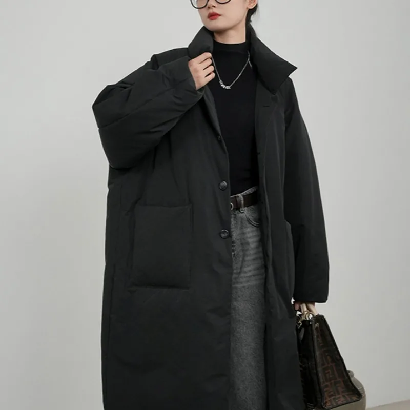 Fashionable silhouette trench coat 2024 new thickened down cotton jacket women\'s long over-the-knee winter standing lapel coat