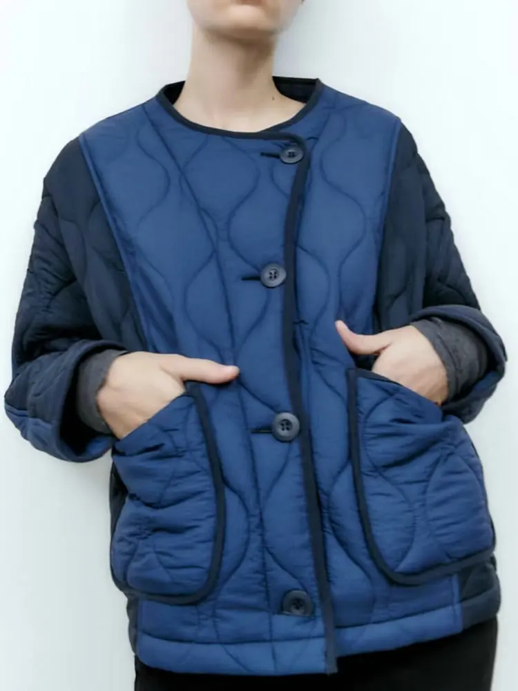 

2025 Winter Women's Elegant Warm Loose Patchwork Navy Blue Parkas Coats Female Street Oversized O-neck Padded Thicken Jackets