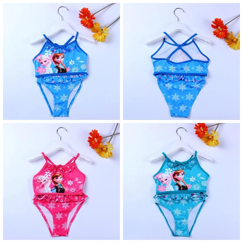 

New Children Swimwear Two Piece Cartoon Frozen Anna Elsa Princess Print Swimsuit For Girl Summer Bikini Set Kids Lovely Swimming