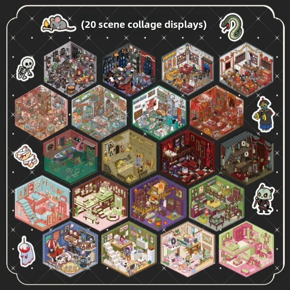 Horror Theme Cabin Scene Stickers PET DIY Crafts Visual Stacking Sticker 20 Scene 51 Sheets Cartoon Town 3D Miniature Houses