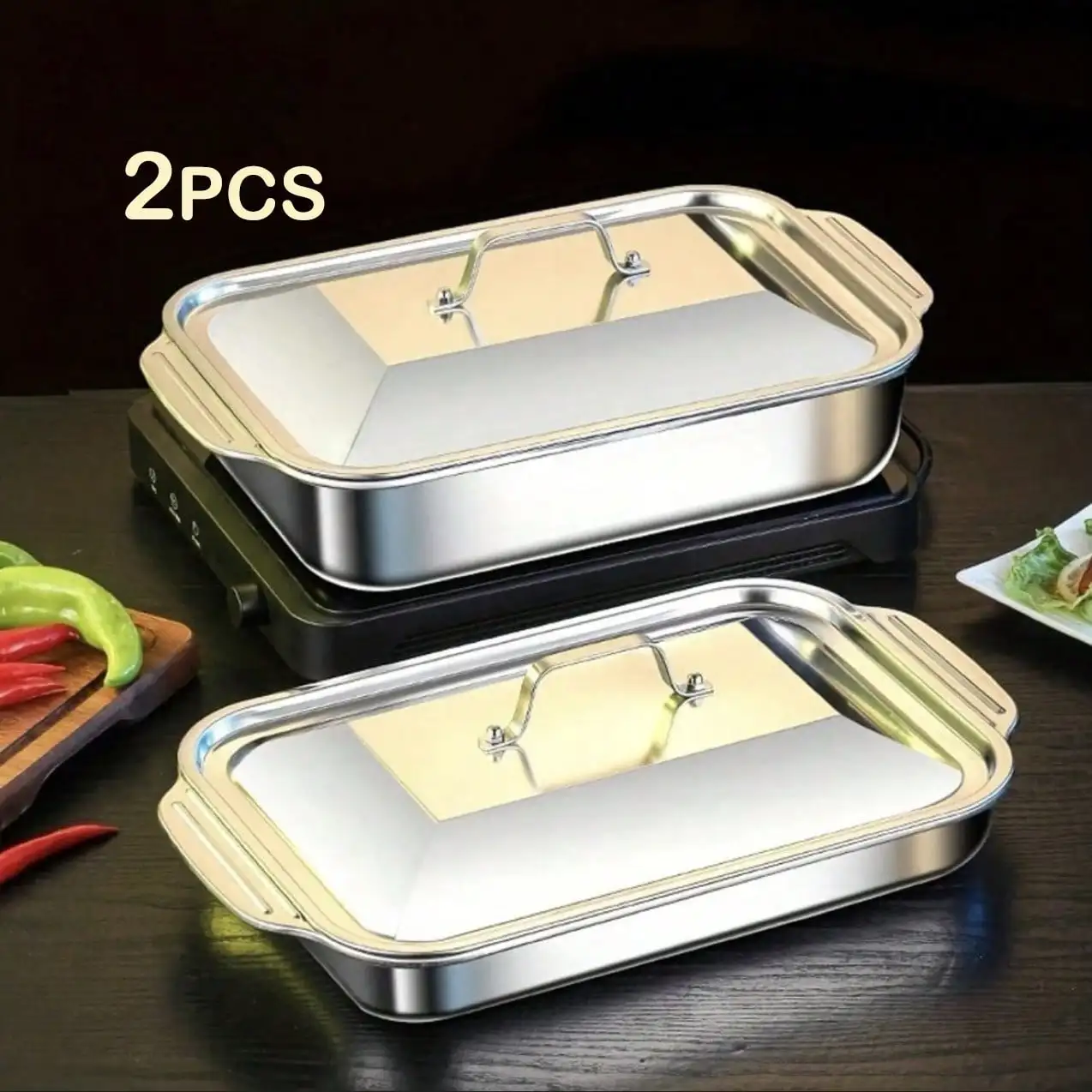 

4PCS Heavy-Duty Stainless Steel Baking Pans - 2 Deep Pans+2 Lidded Trays | Multi-Purpose For BBQ/Buffet/Home