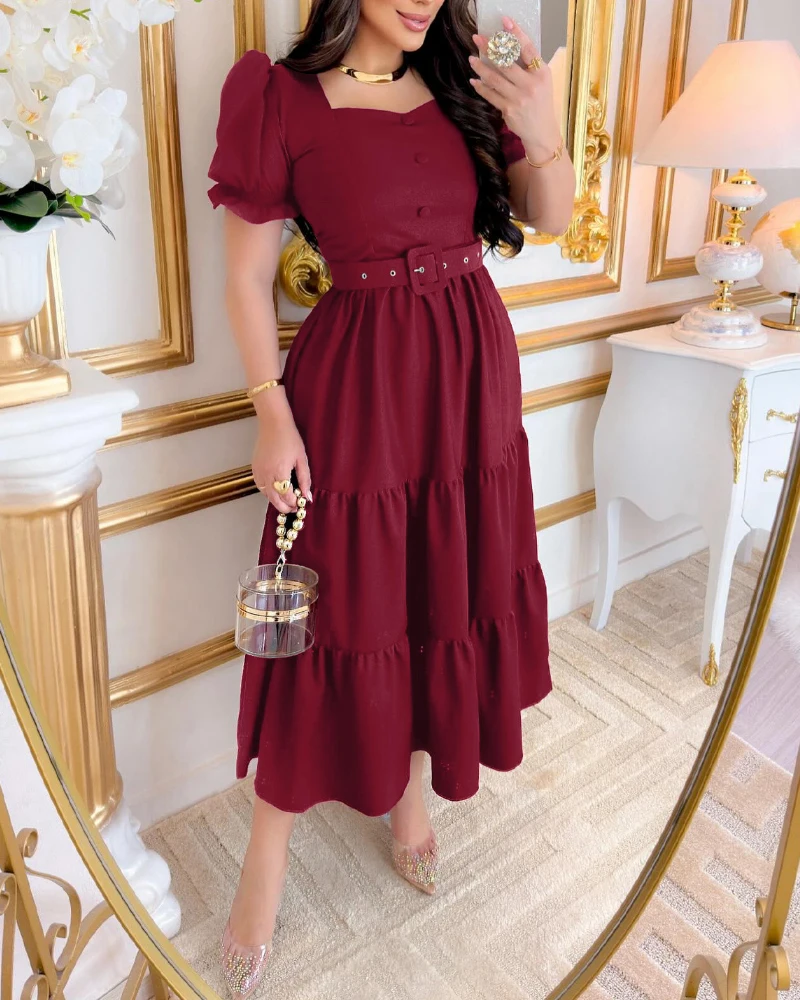 

French Women's Dress Square Collar Bubble Sleeves Button Decoration Pleated Long Elegant Solid Color Waist Belt A-Line Dress