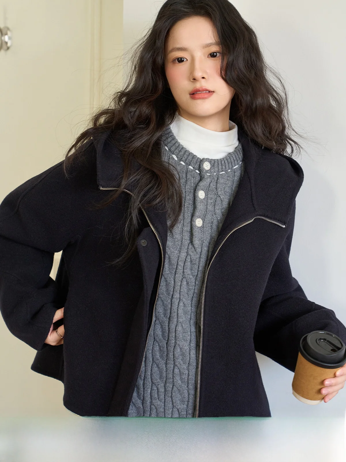 

Double-Sided Camere Woolen Jaet Zipper ort Bla Women's Winter Faion Small Size Coat High-End Feel MN-MN828