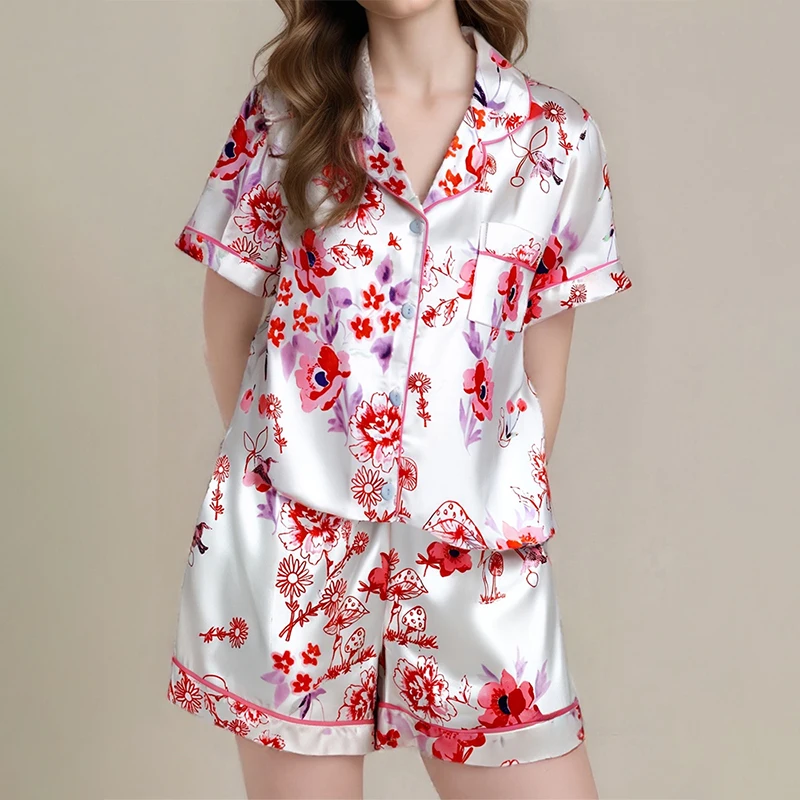 

Удобный повседневный женский пижамный комплект из 2 предметов, рубашка на пуговицах с цветочным принтом, топы, свободные шорты, мягкая дышащая летняя домашняя одежда для девочек