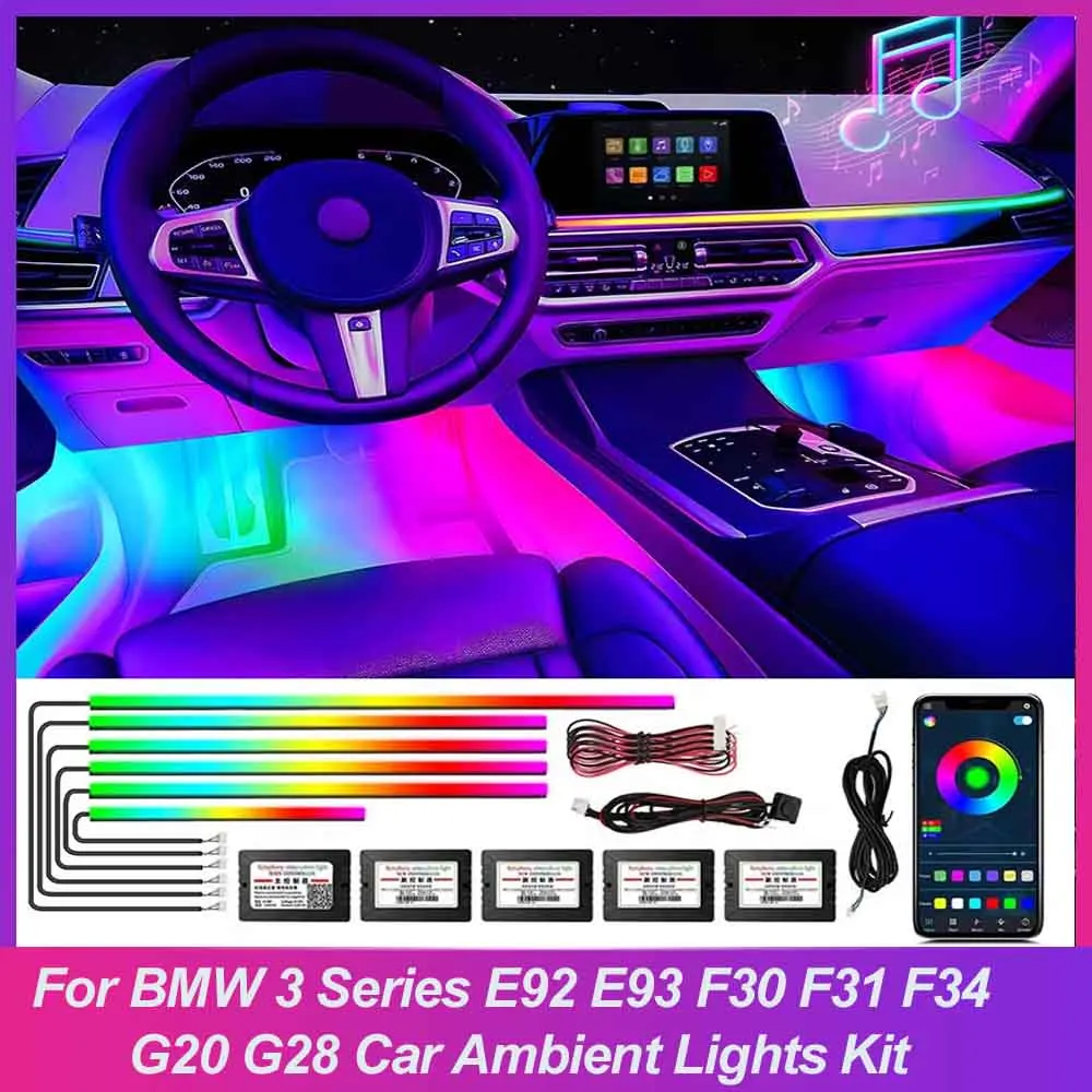 For BMW 3 Series E92 E93 F30 F31 F34 G20 G28 Car Ambient Lights APP Controlled Music Sync 64 Colors LED Car Interior Light Strip