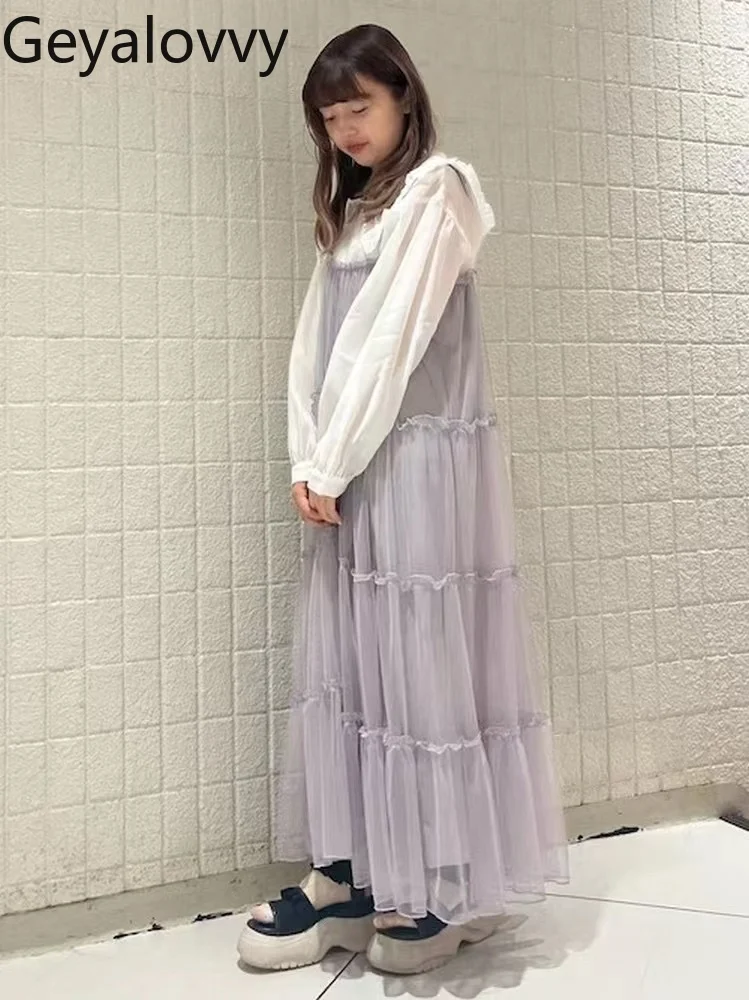 Estilo japonês em camadas primavera outono vestidos femininos 2025 nova moda casual elegante longo estilingue vestido para senhora verão